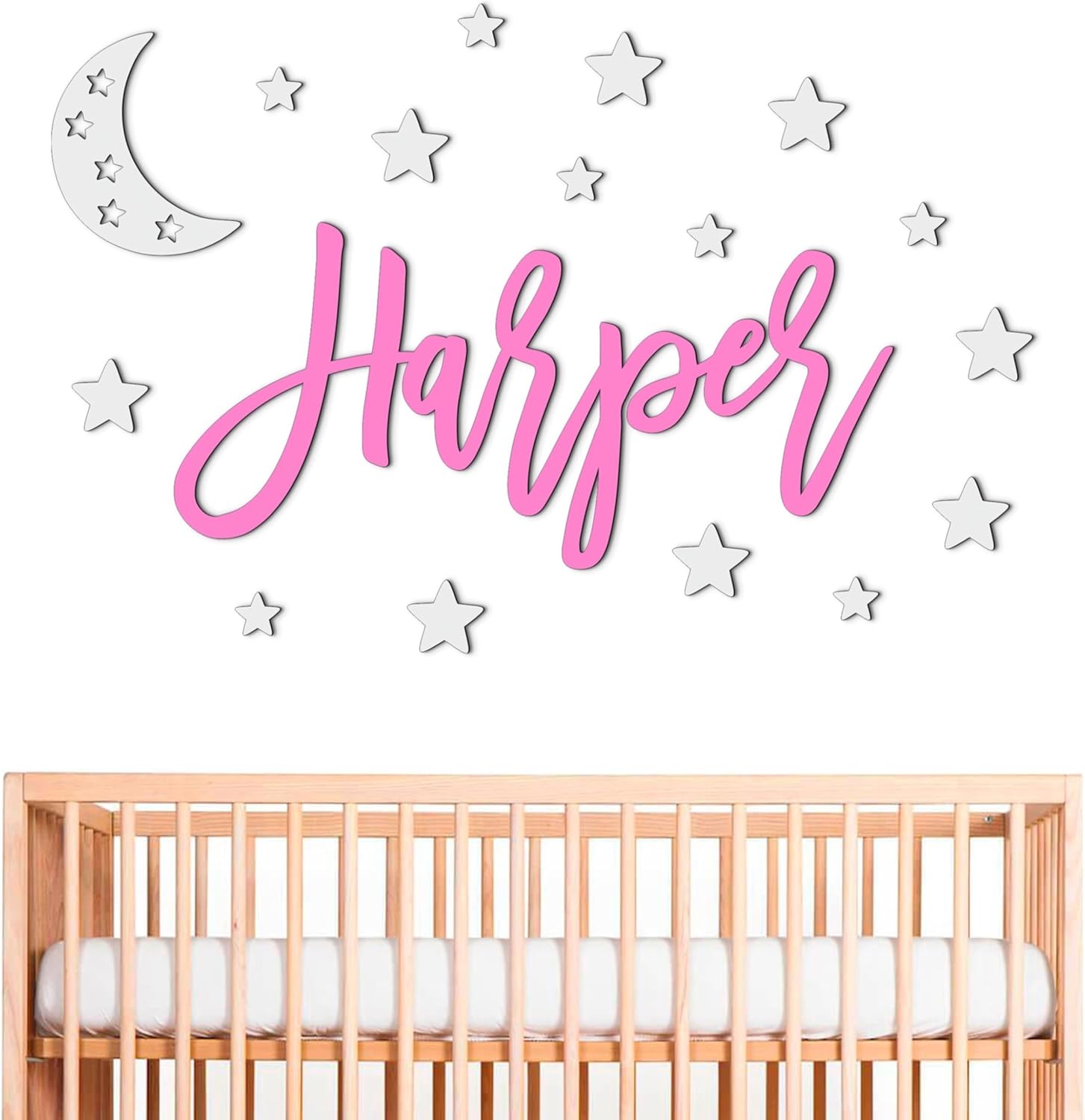 Handmade custom wooden nursery name sign front view displaying personalized baby bedroom decor.