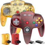 Kiwitata Wireless Nintendo 64 Switch Online Controller front view showing transparent red and yellow shells