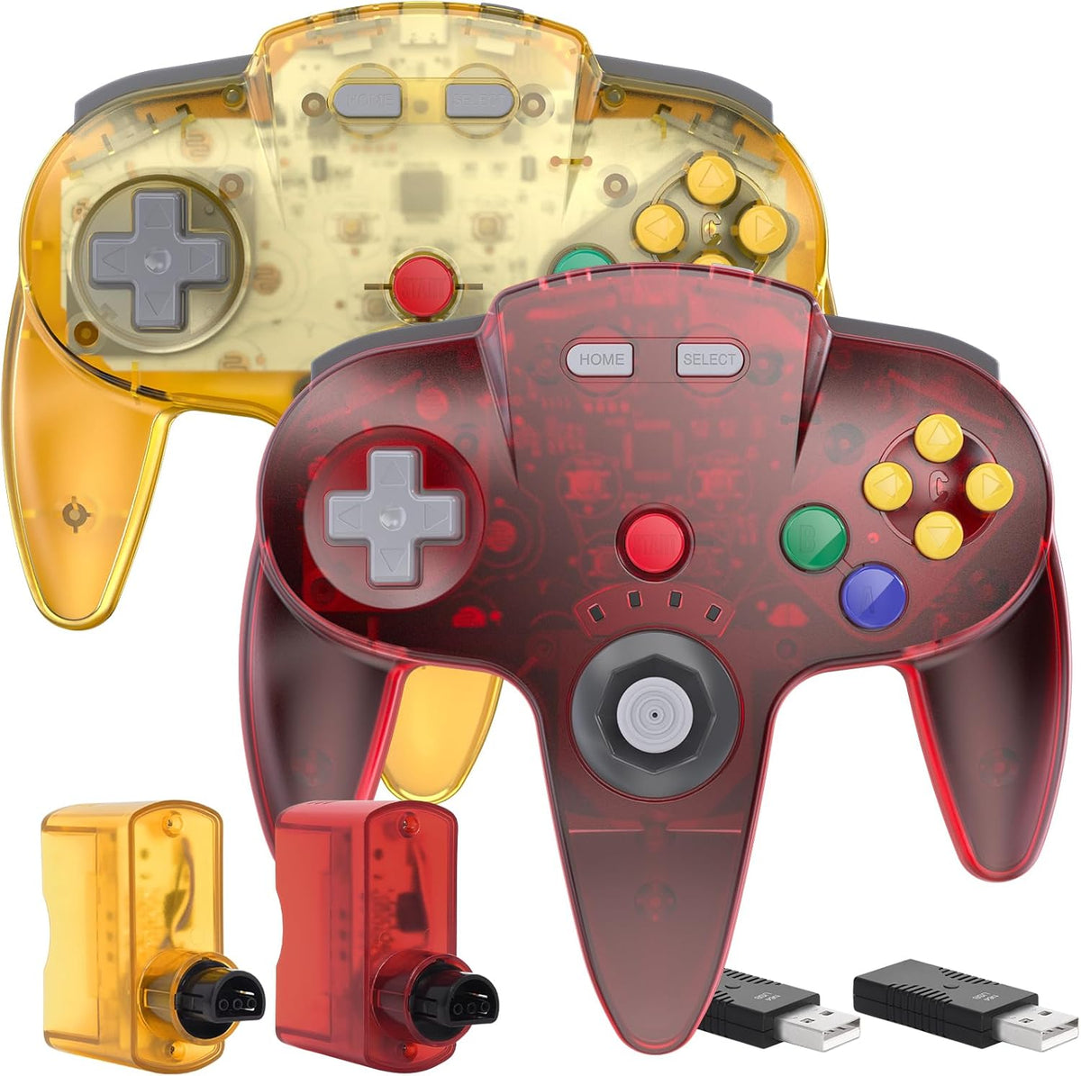 Kiwitata Wireless Nintendo 64 Switch Online Controller front view showing transparent red and yellow shells