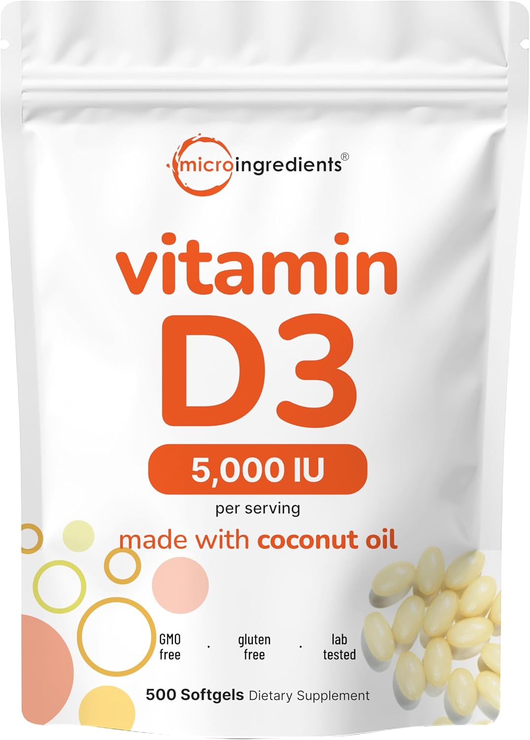 Micro Ingredients Vitamin D3 5,000 IU softgels pouch front view