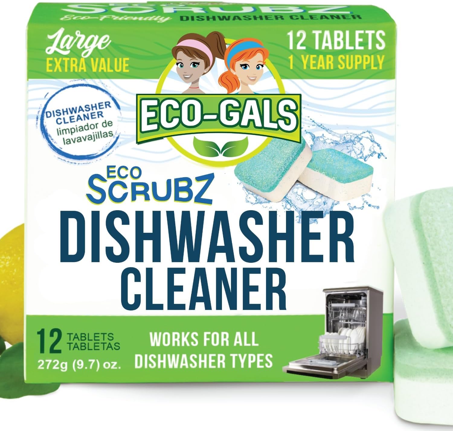 Eco-Gals Dishwasher Cleaner pack front view showing twelve unscented tablets