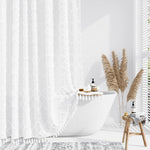 Dynamene White Fabric Shower Curtain front view showcasing bohemian tufted geometric stripes in a modern farmhouse bathroom setup.