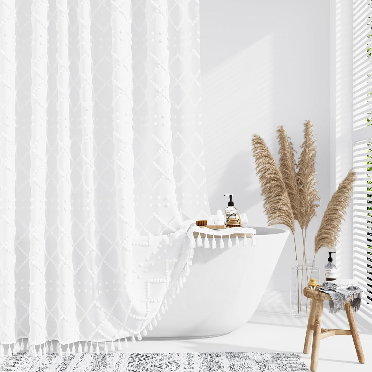 Dynamene White Fabric Shower Curtain front view showcasing bohemian tufted geometric stripes in a modern farmhouse bathroom setup.
