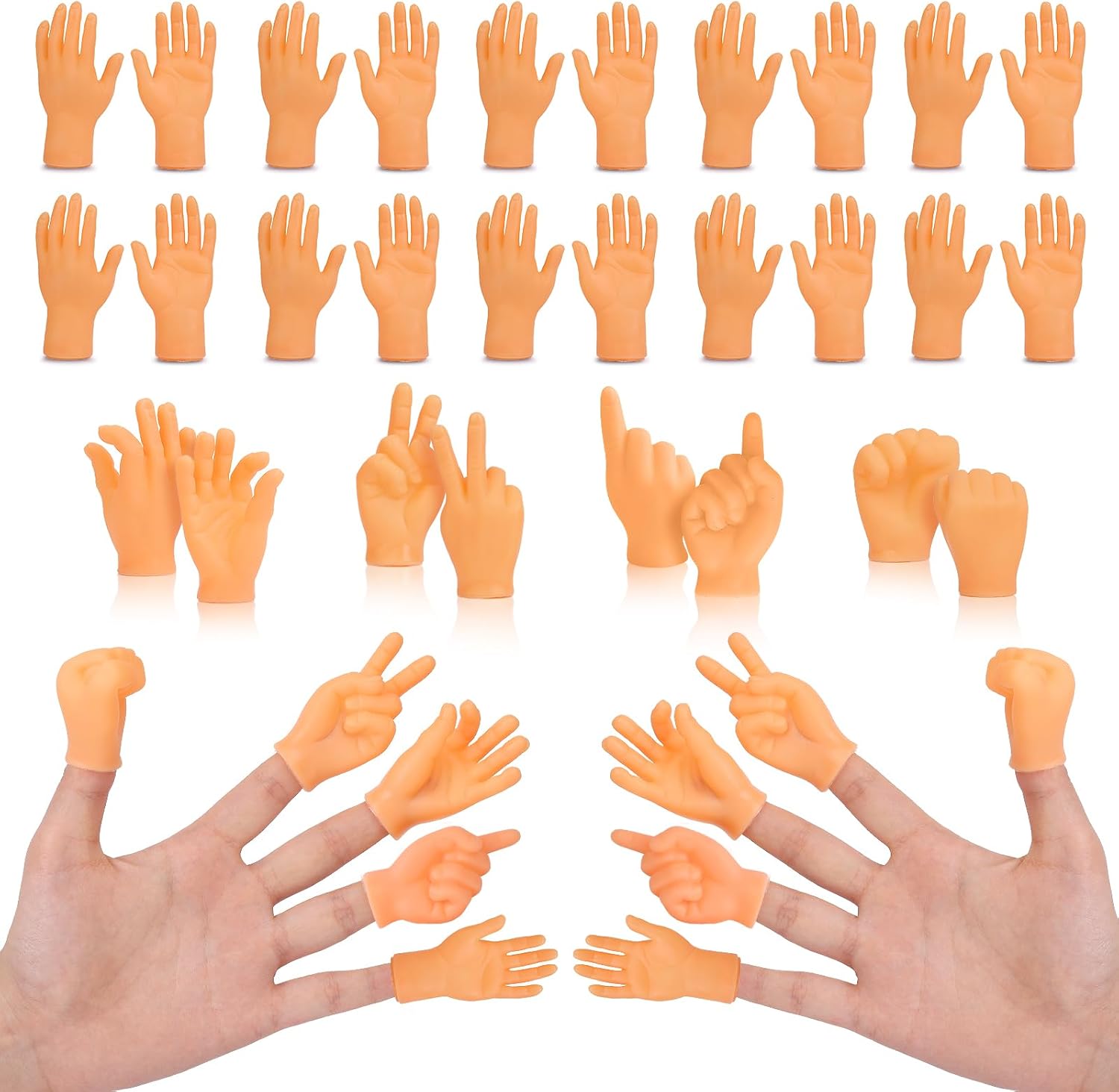 Estardaa tiny hands finger puppets front view showing thirty pieces of miniature rubber hands for comedy shows