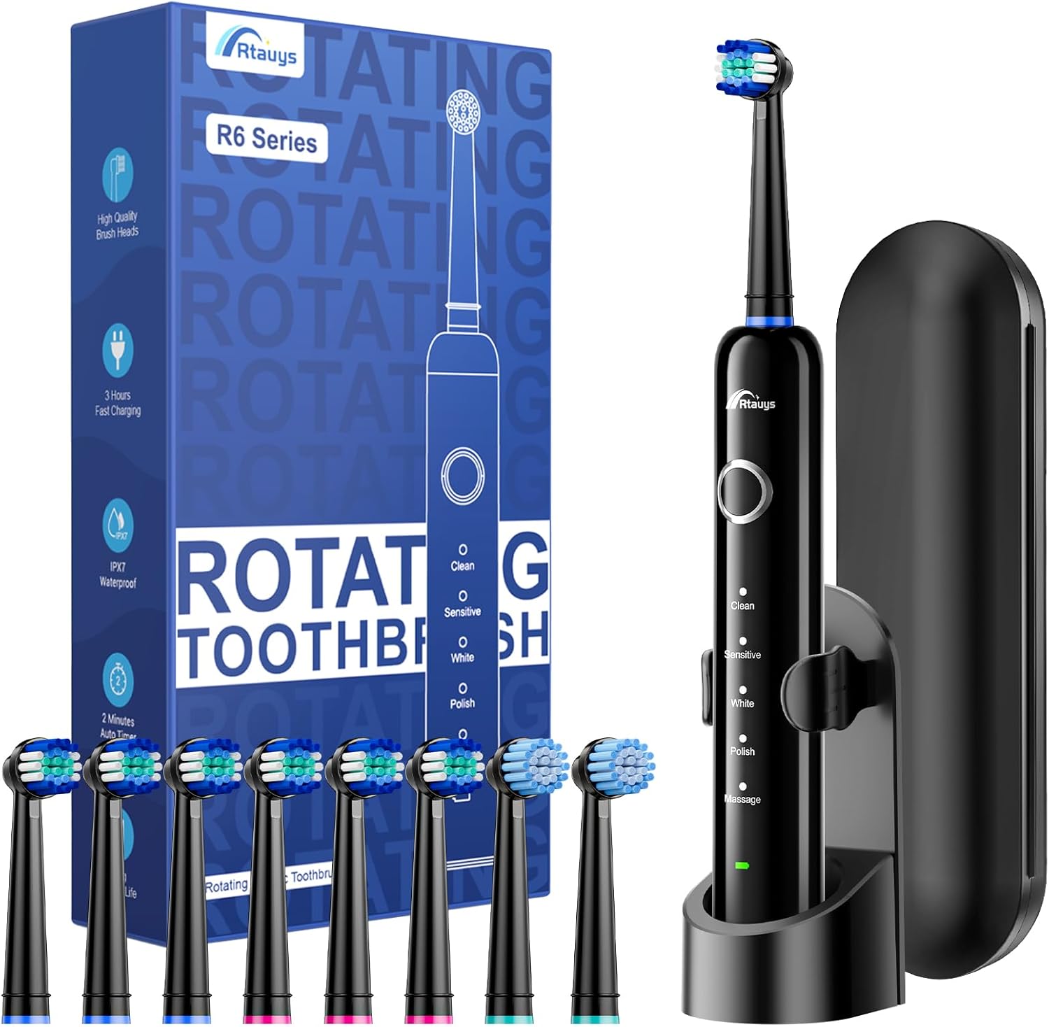 Rtauys R6 rotating electric toothbrush front view showing the premium ergonomic power handle.