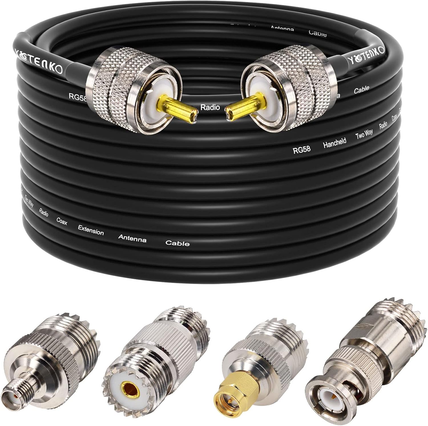YOTENKO ham radio coax cable kit showing full length on black background
