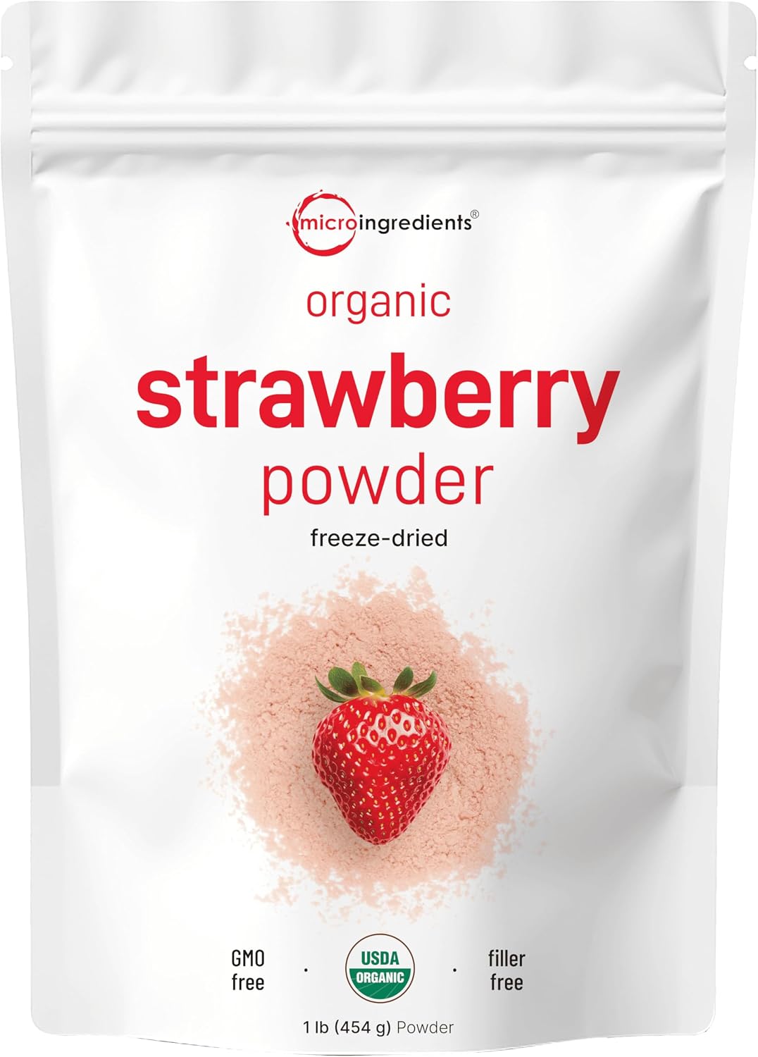 Micro Ingredients organic strawberry powder front view pouch