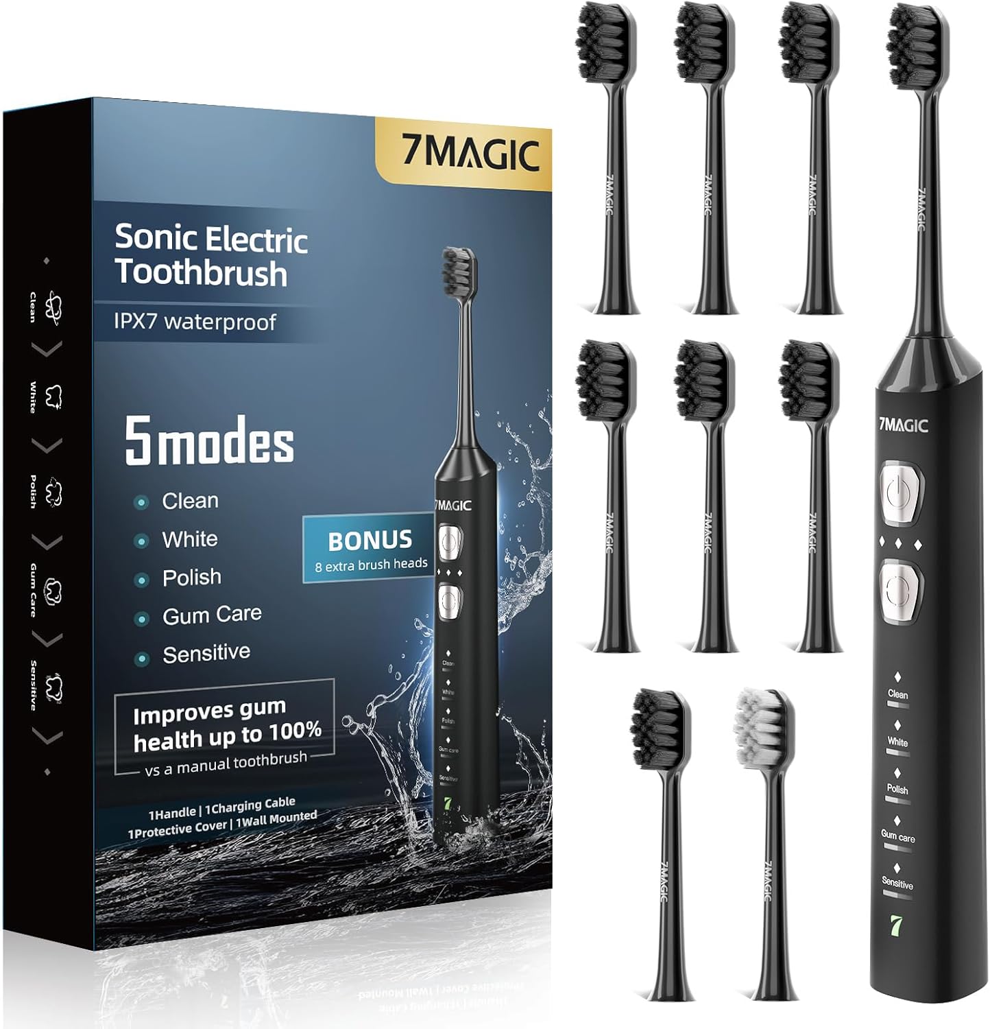 7MAGIC sonic electric toothbrush in black shown from the front view.