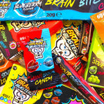 Back view of the vegan and halal certified Brain Blasterz variety pack candy box.