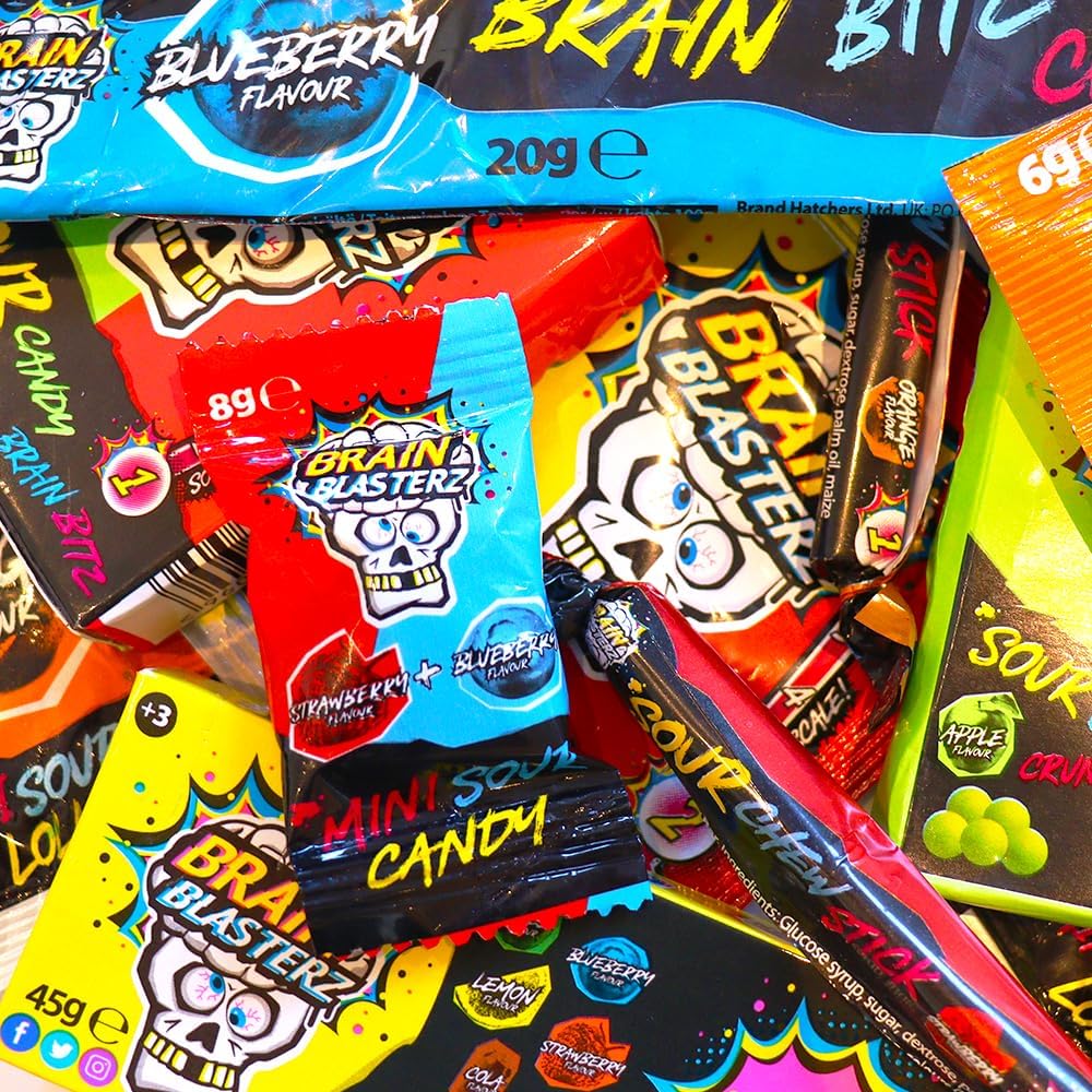 Back view of the vegan and halal certified Brain Blasterz variety pack candy box.
