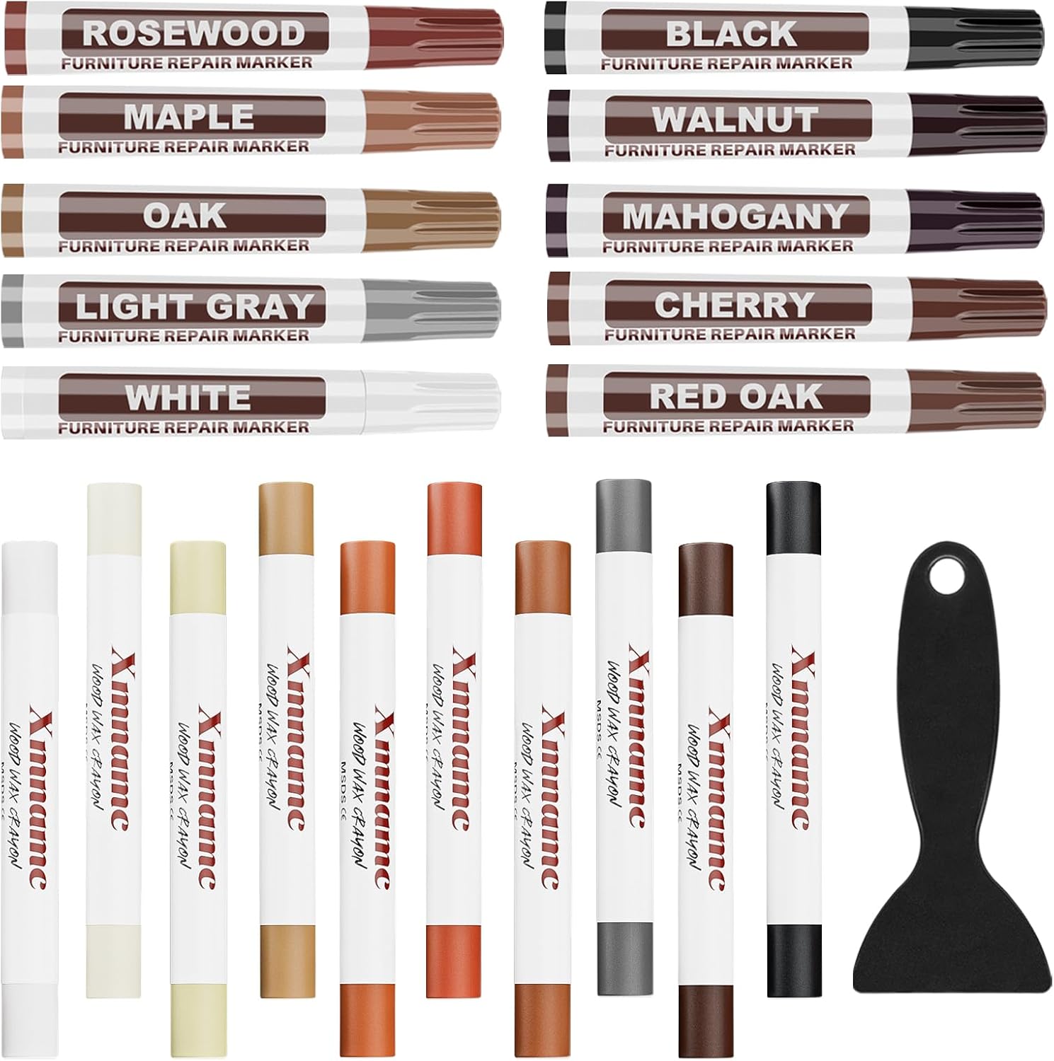 Xmnamc wood filler sticks furniture repair kit front view showing twenty one pieces of crayons and markers.