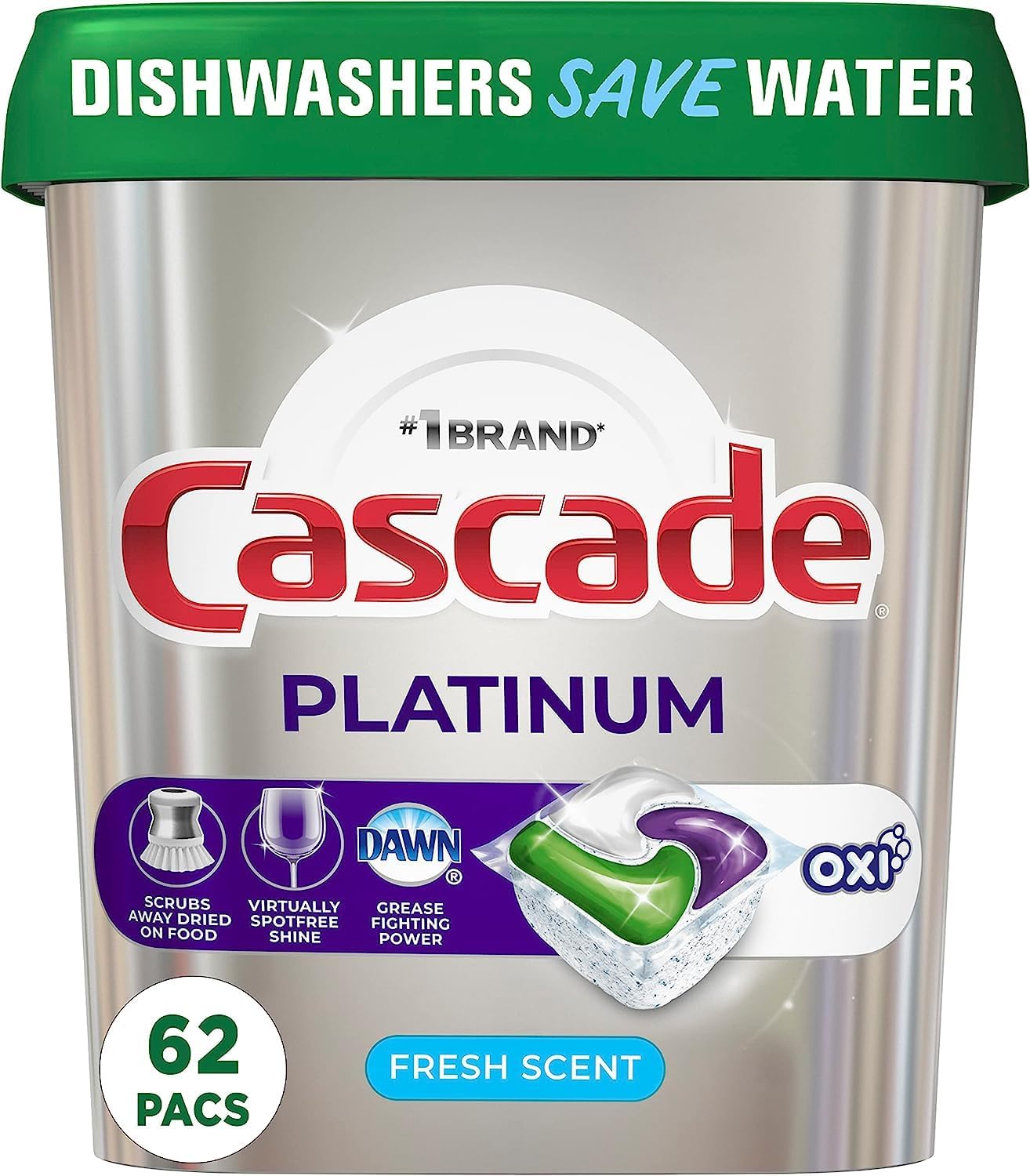 Cascade Platinum Dishwasher Soap Pods, Actionpacs + Oxi, Fresh, 62 Count of Dishwasher Detergent Pods - Image 1