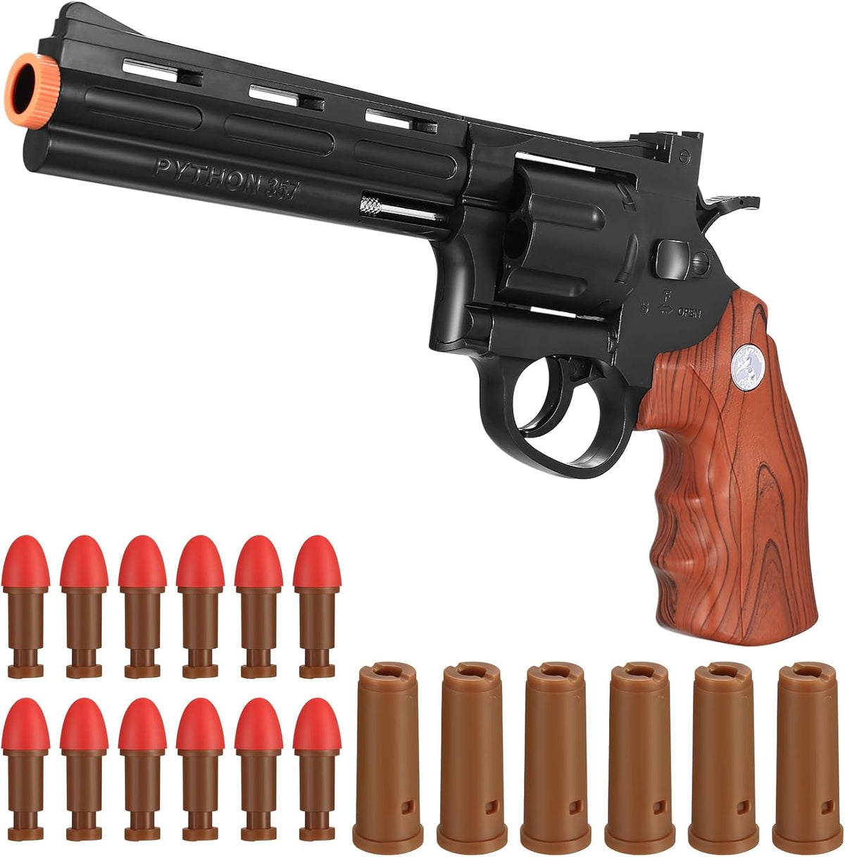 JETFLIP brown revolver toy gun front view showcasing the rotating cylinder and realistic grip design.
