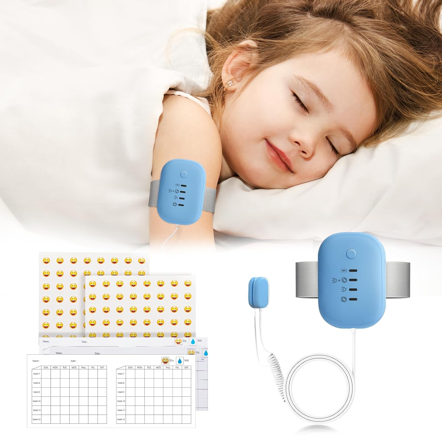 Bed Wetting Alarm for Boys and Girls: USB Rechargeable, 3 Reminder Modes, Bedwetting Alarms with High Sensitivity Sensor, Loud Sound and Strong Vibration, Proven Solution for Bedwetters (Blue) - Image 1