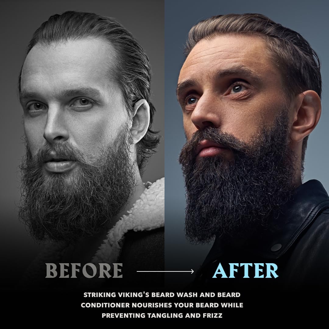 Striking Viking beard wash and conditioner set angled commercial display