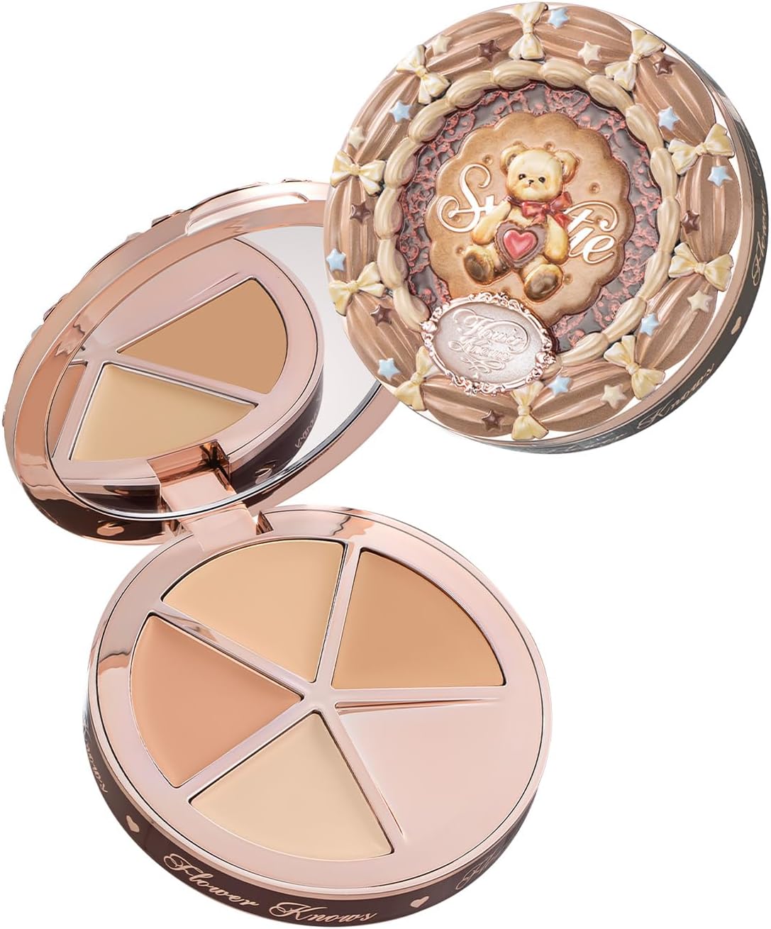 Flower Knows The Sweetie Bear 4-Color Concealer Palette front view showing ornate compact lid design.