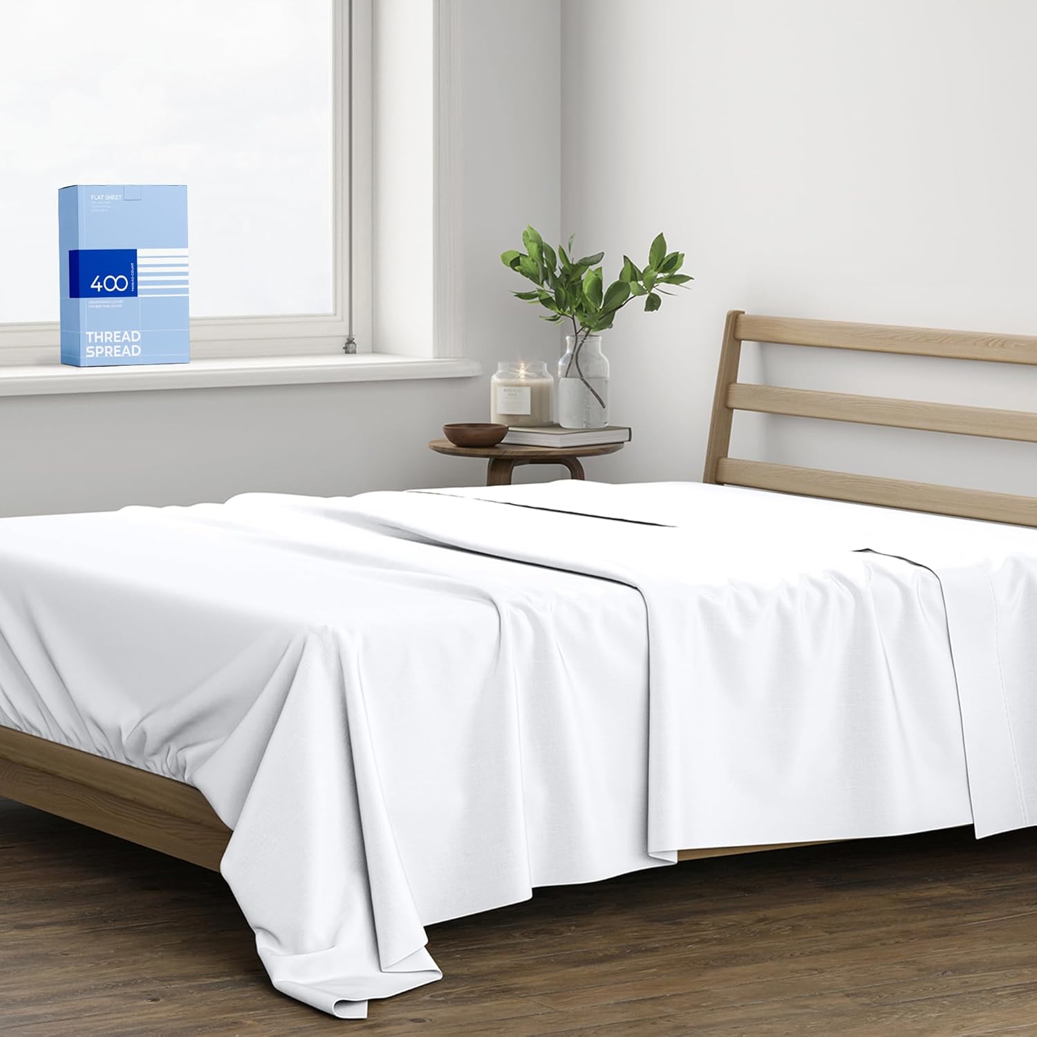 Thread Spread 100 percent cotton king size flat sheet in white showing the front view layout on a mattress.