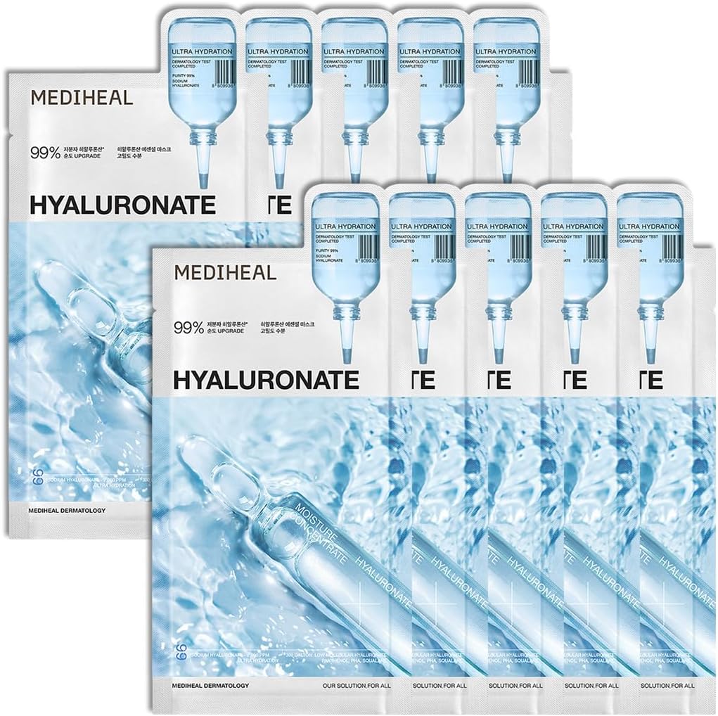 MEDIHEAL Hyaluronic Acid Essential Face Mask front view pack of ten sheets for intense skin hydration