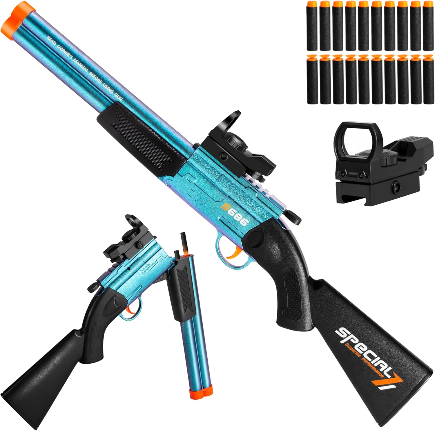 DWMTGS double barrel shotgun toy foam blaster front view with scope attached