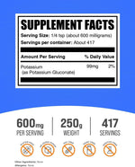 Pure unflavored potassium supplement powder for electrolyte balance.