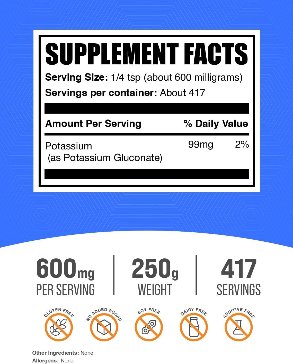 Pure unflavored potassium supplement powder for electrolyte balance.