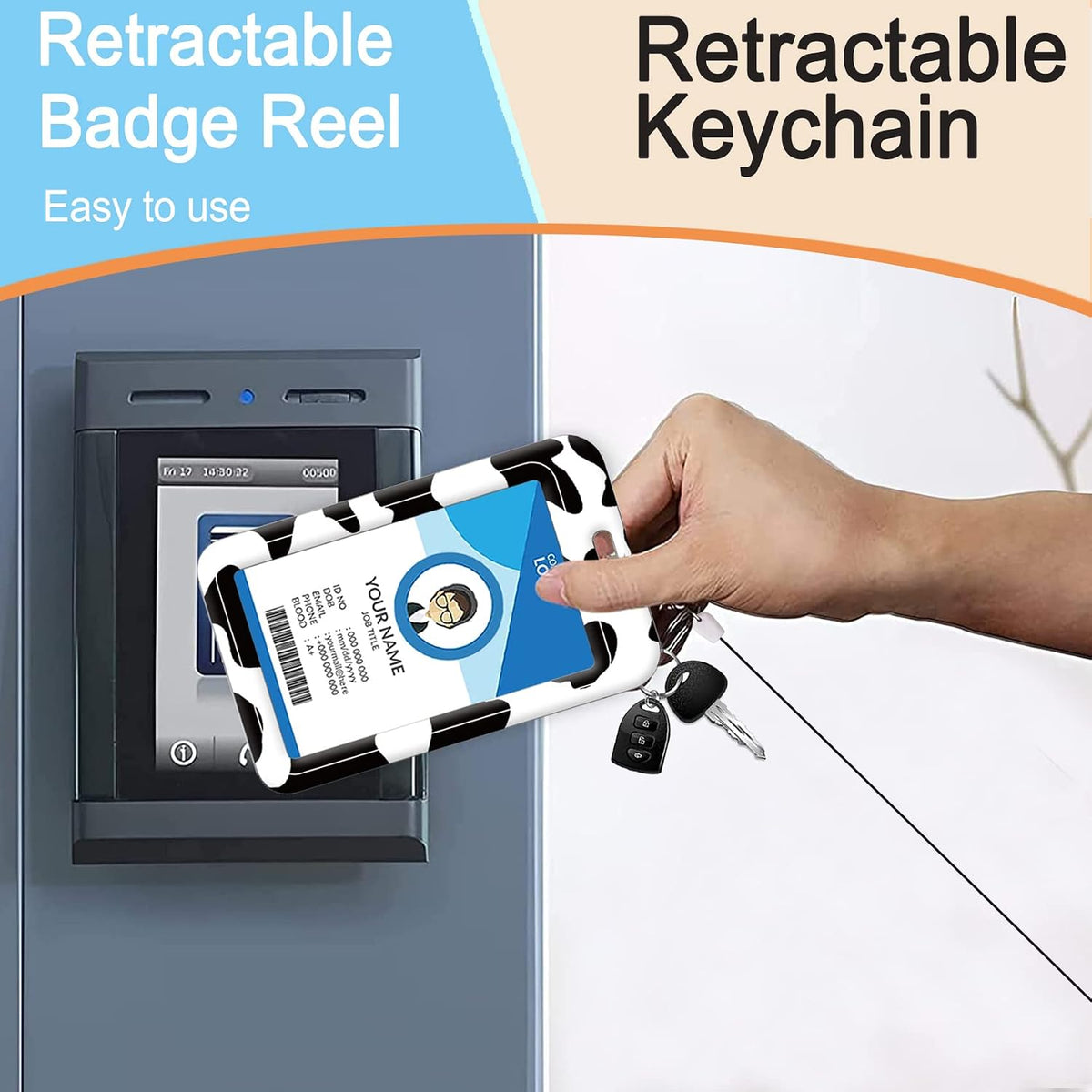 COUKASO badge reel showing built-in keychain