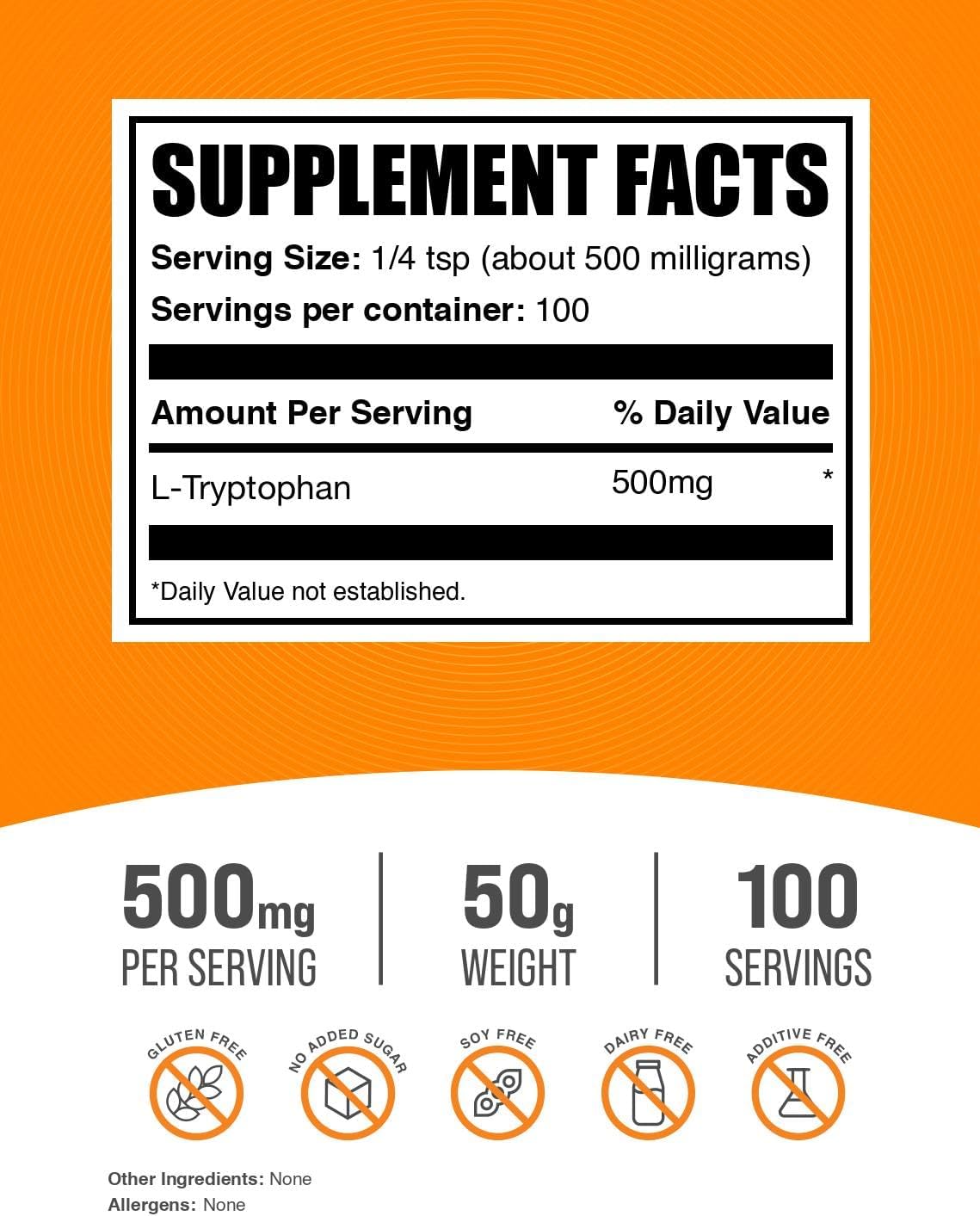 BulkSupplements L-Tryptophan powder nutritional label