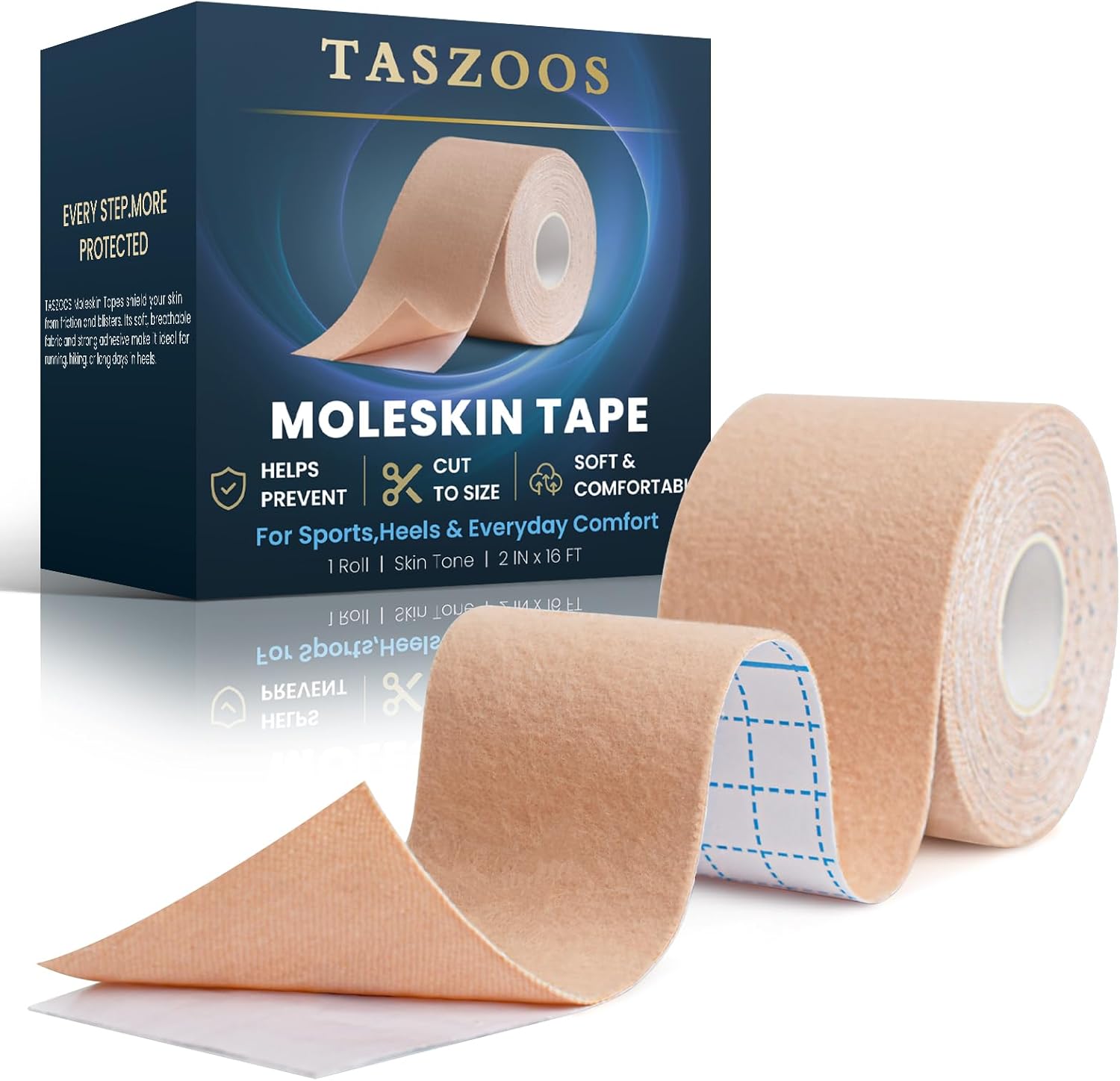 TASZOOS Moleskin Tape, 2in x 16ft Blister Prevention Tape for Feet, Thin Moleskin Padding Roll | Water-Resistant, Hypoallergenic Athletic Tape for Running, Hiking, Walking - Single Roll - Image 1