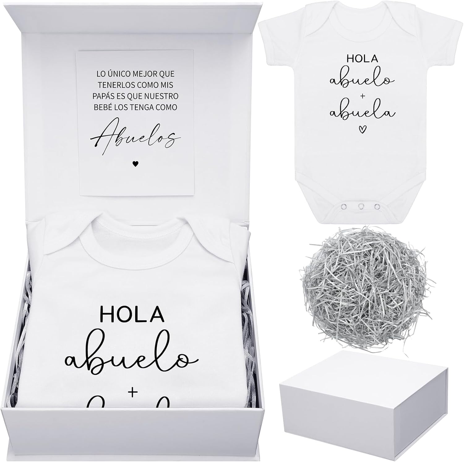 Shyyween pregnancy announcement for abuelos gift box set front view showing open box with romper