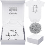 Shyyween pregnancy announcement for abuelos gift box set front view showing open box with romper