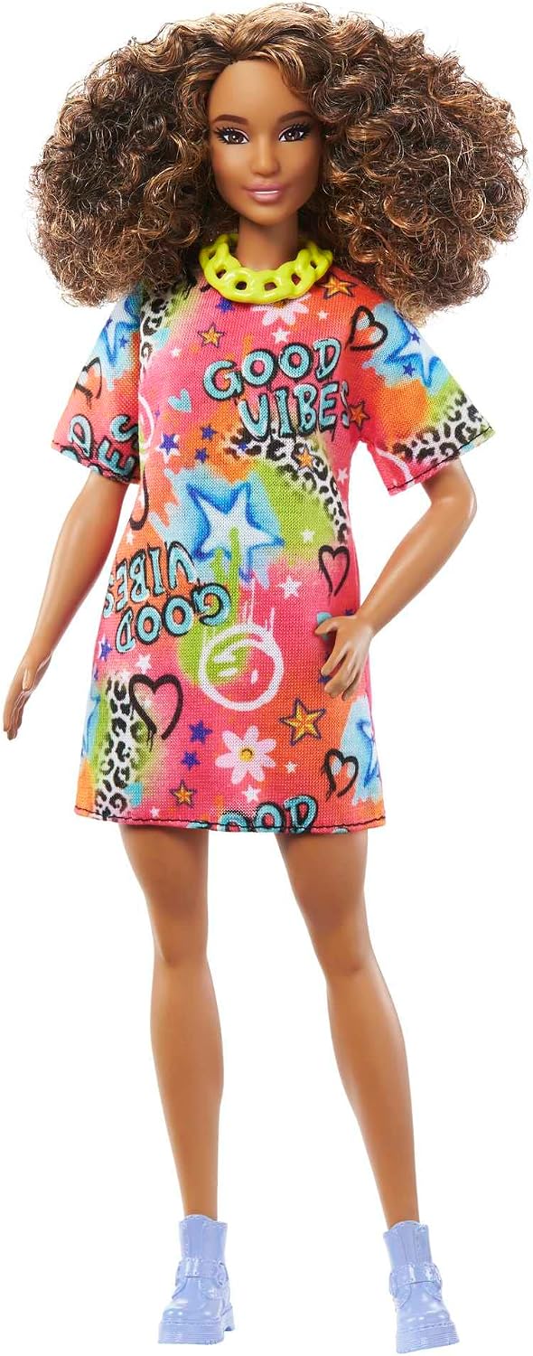 Barbie Fashionistas Doll #198, Petite with Curly Black Hair, Retro Floral Clothes & Accessories Including Platform Sandals & Earrings - Image 7