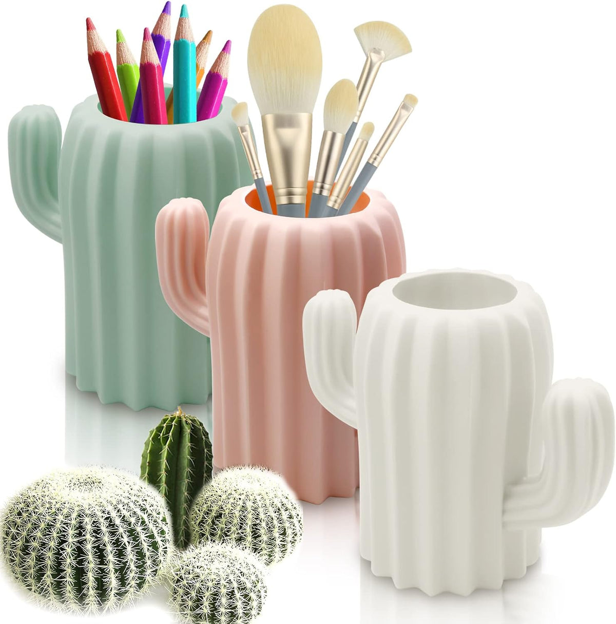 LeonBach 3 PCS Cactus Pen Holders front view desktop organizer