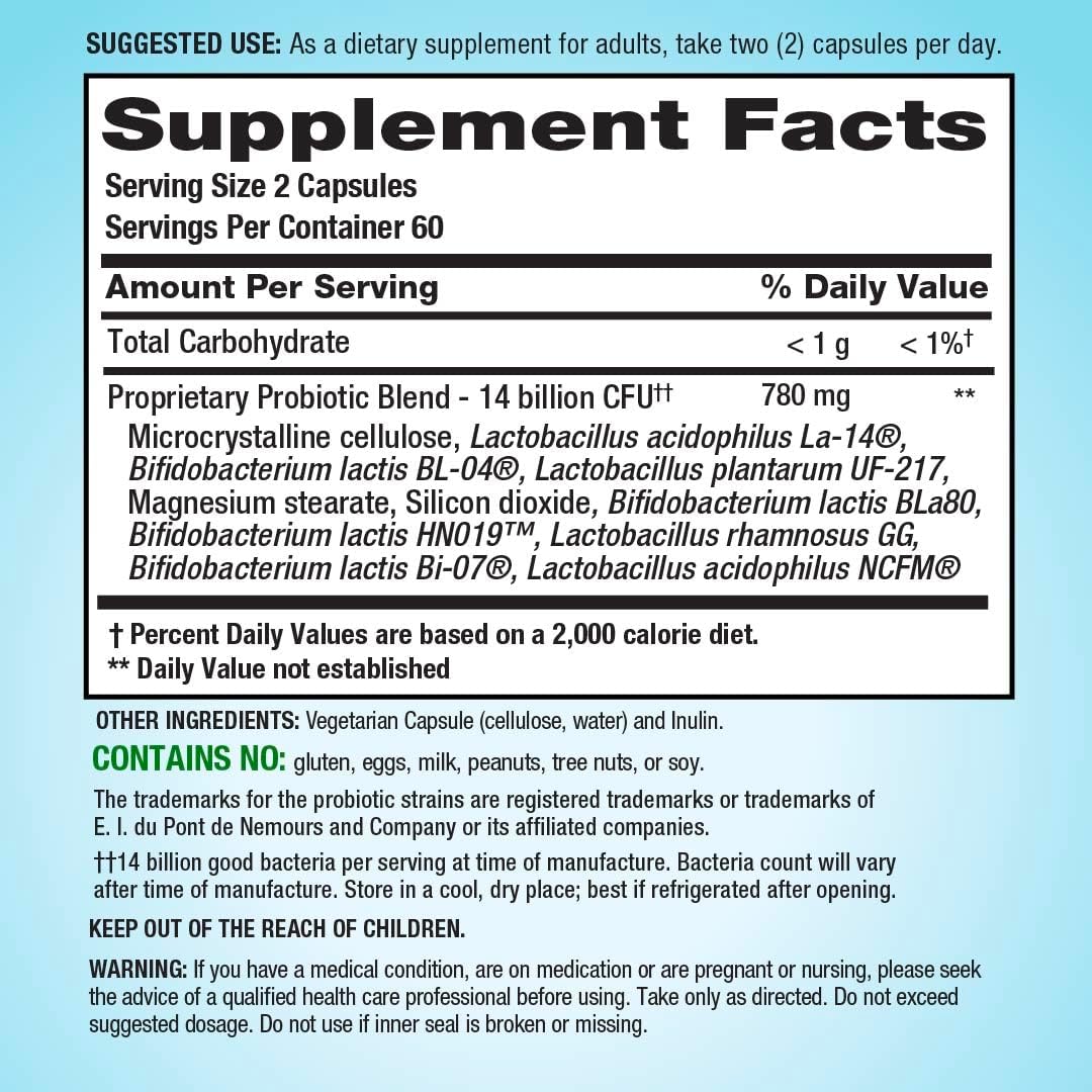 PB8 Probiotic supplement bottle nutrition facts panel