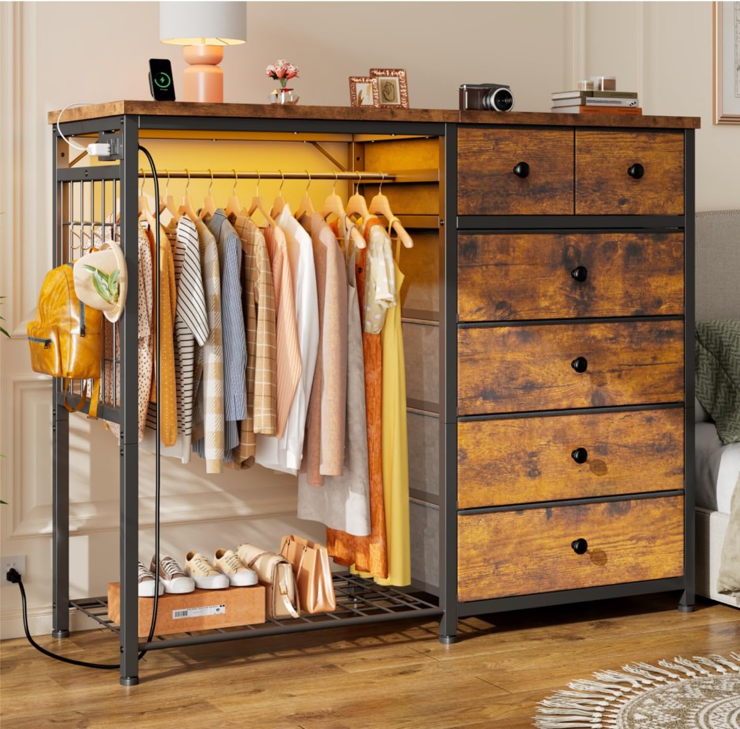 EnHomee 49.2 inch dresser with hanging rack front view