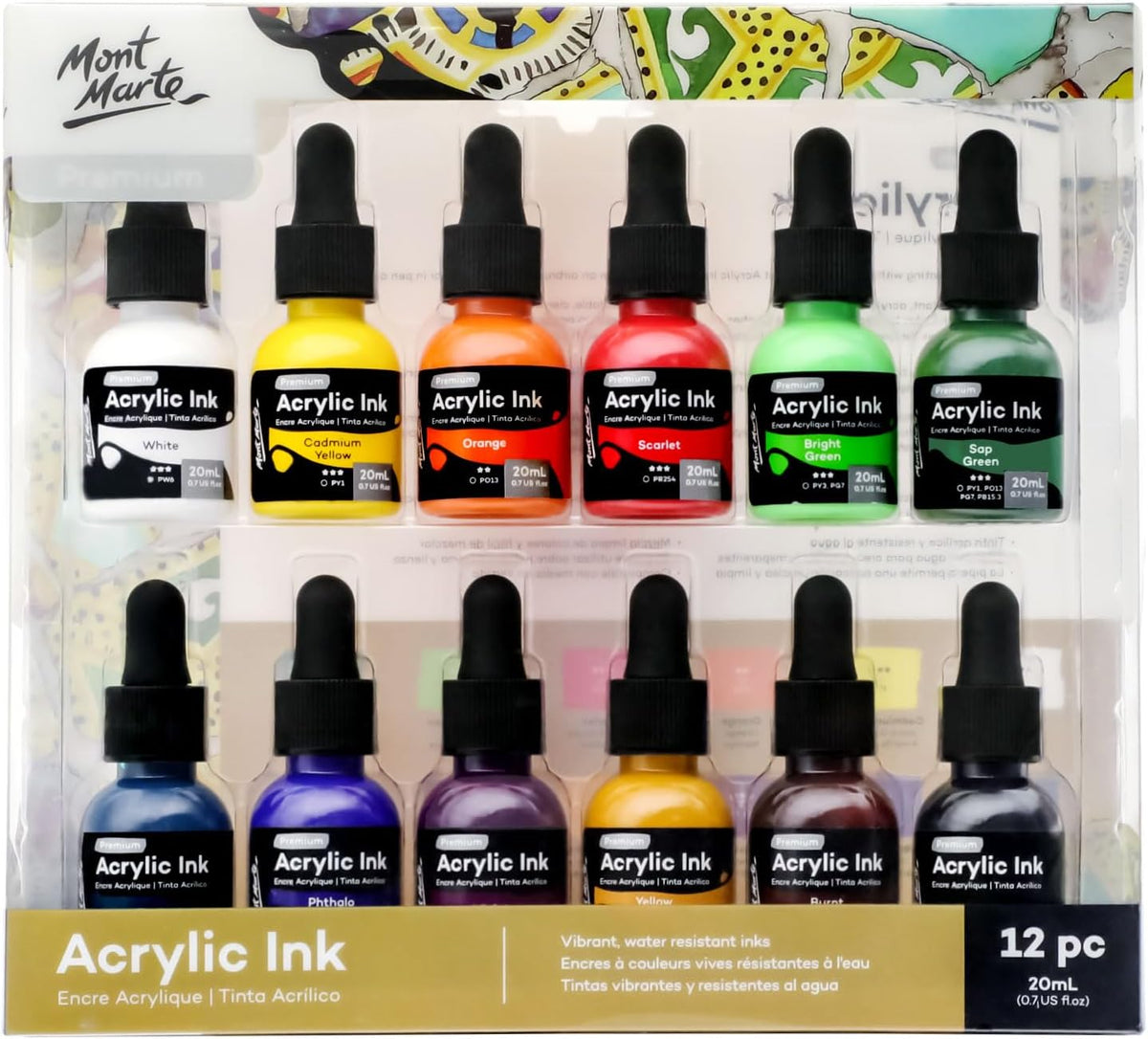 Mont Marte acrylic ink premium 12pc set front view