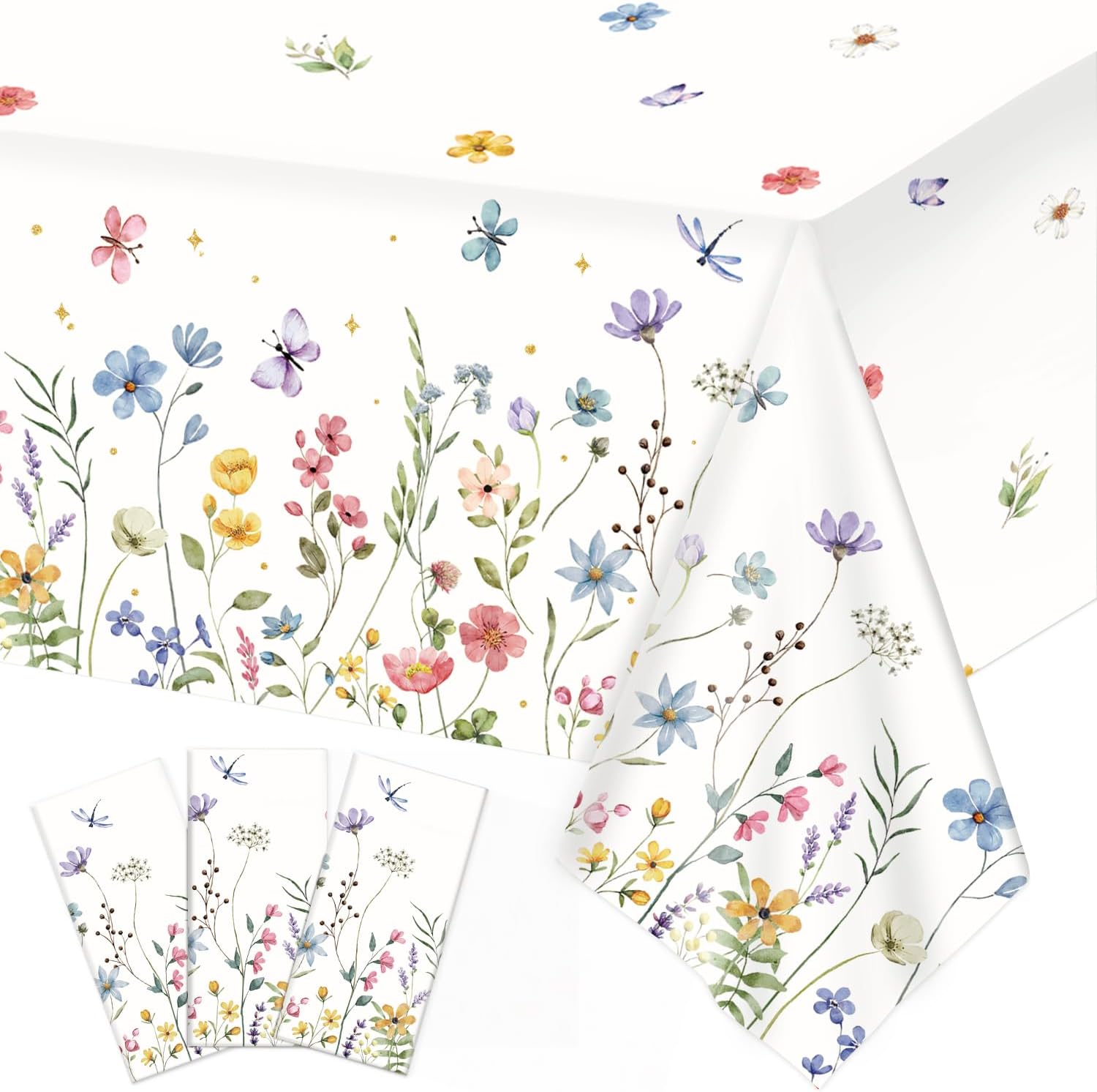 LINHAXM spring floral tablecloth front view displaying watercolor wildflower and butterfly patterns on white background