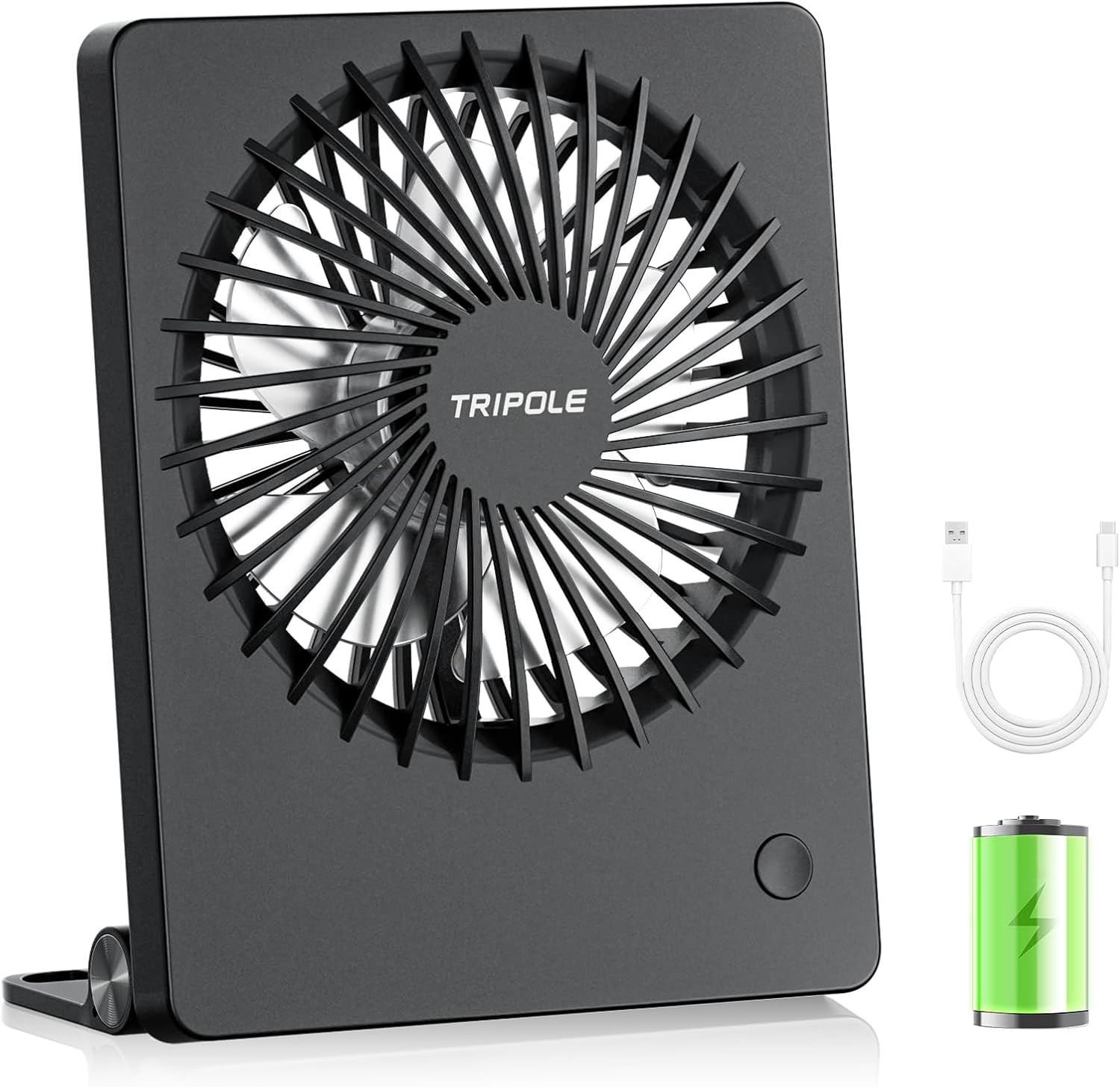 TriPole Mini Portable Desk Fan in black color showing front view layout on an office desktop table.