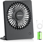 TriPole Mini Portable Desk Fan in black color showing front view layout on an office desktop table.