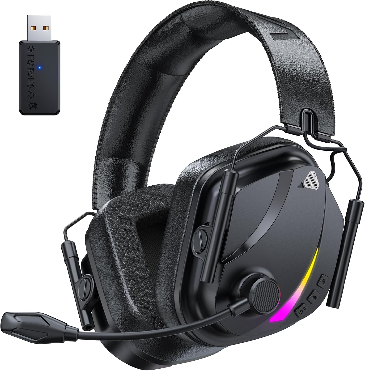 Vakedy HW12 wireless gaming headset front view showing matte black finish and RGB lighting
