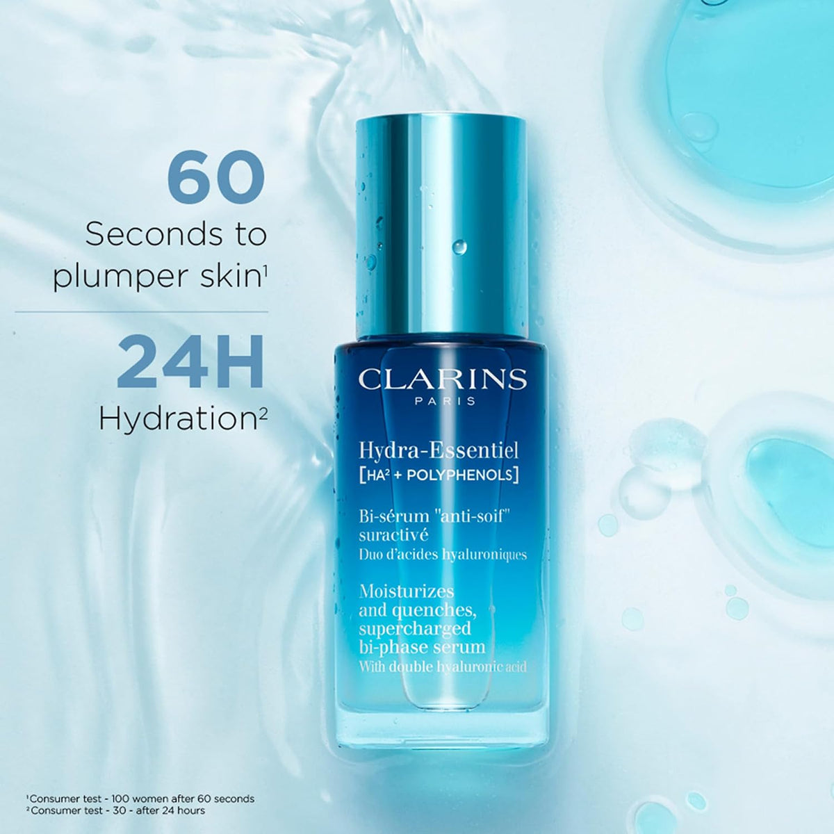 Clarins hydrating facial serum bottle showing bi-phase texture layers