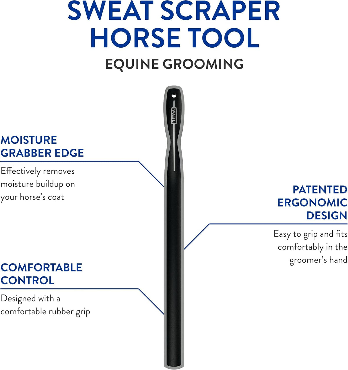 Wahl horse sweat scraper showing the black ergonomic rubber handle