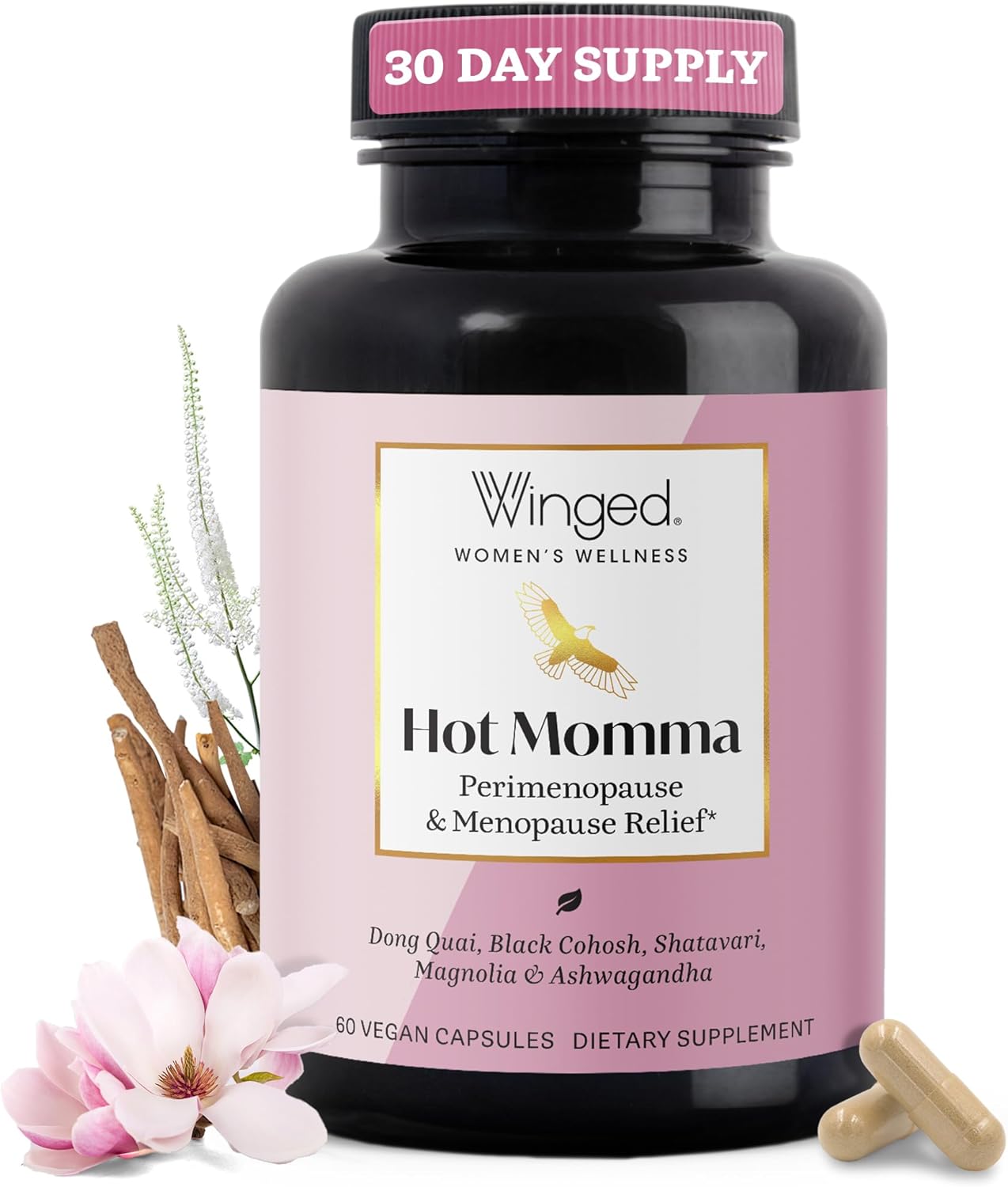 Winged Wellness Hot Momma Menopause Supplements for Women - Hormone-Free Menopause Relief Support for Hot Flashes & Night Sweats with Chaste Tree Berry, Multivitamins & More - 60 Vegan Capsules - Image 1