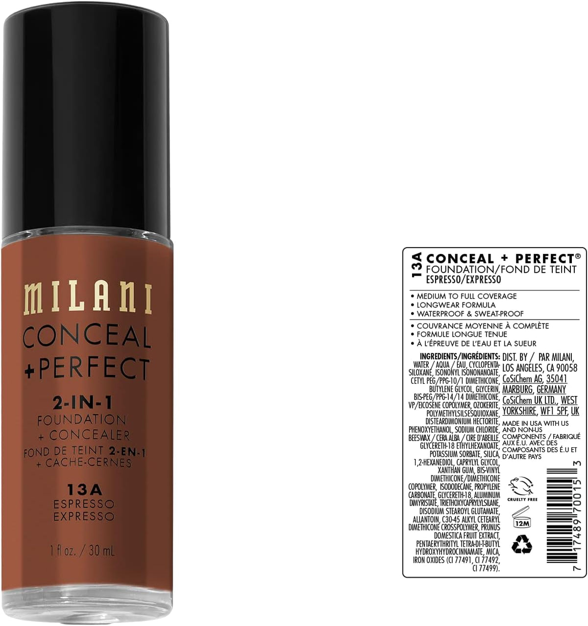 Milani 2-in-1 foundation shade 13A Espresso packaging