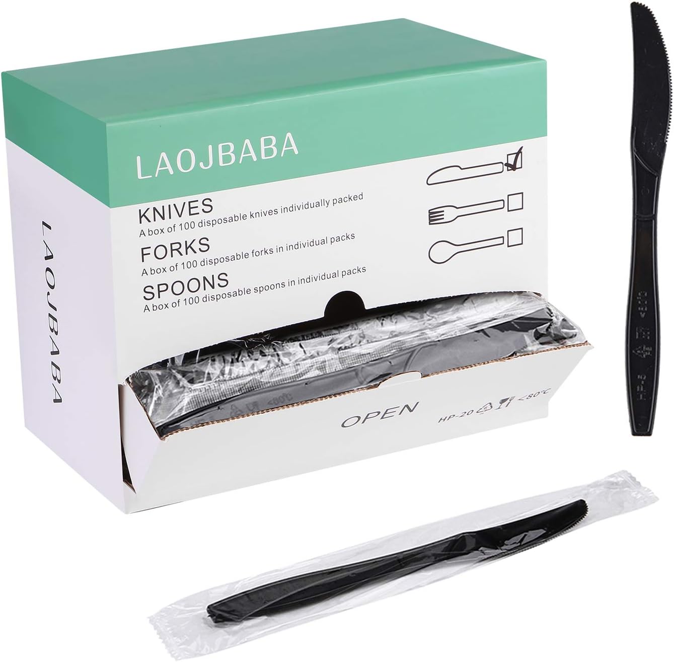 Laojbaba disposable black plastic knives front view in commercial dispensing box.