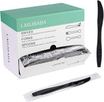 Laojbaba disposable black plastic knives front view in commercial dispensing box.