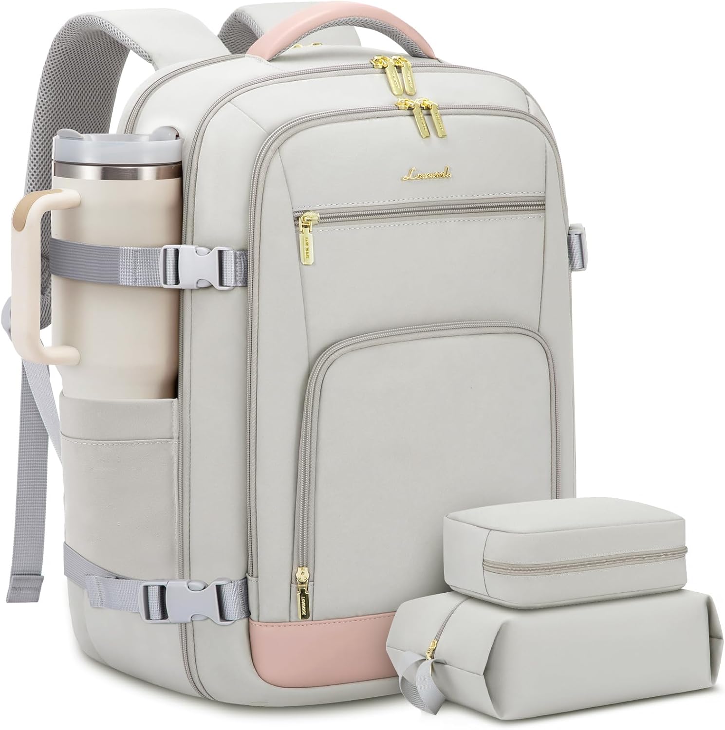 LOVEVOOK Travel Backpack For Women front view in grey-pink with gold zippers