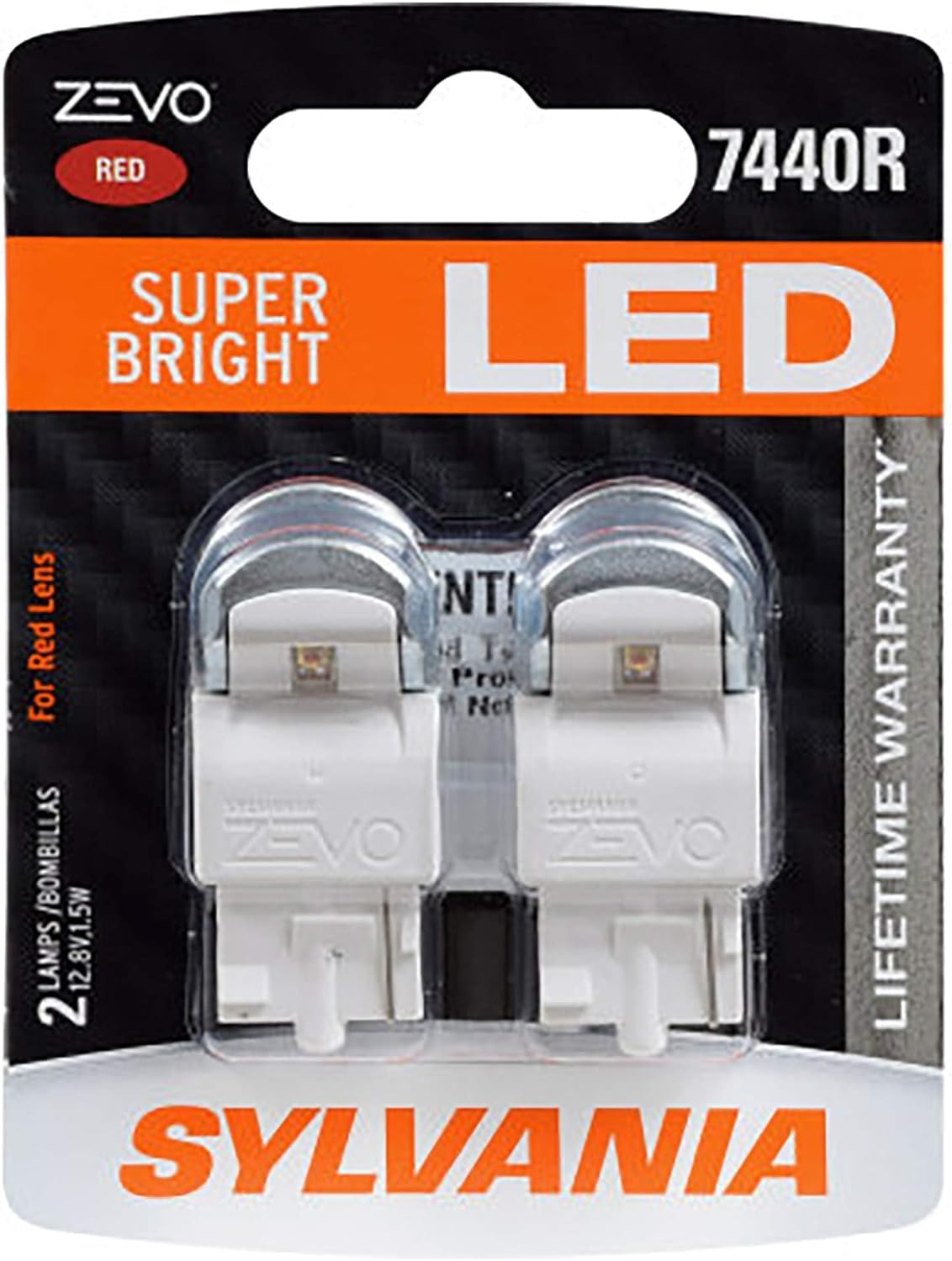 Sylvania Zevo 7440 T20 LED Red Bulb retail packaging front view showcasing premium automotive lighting upgrade