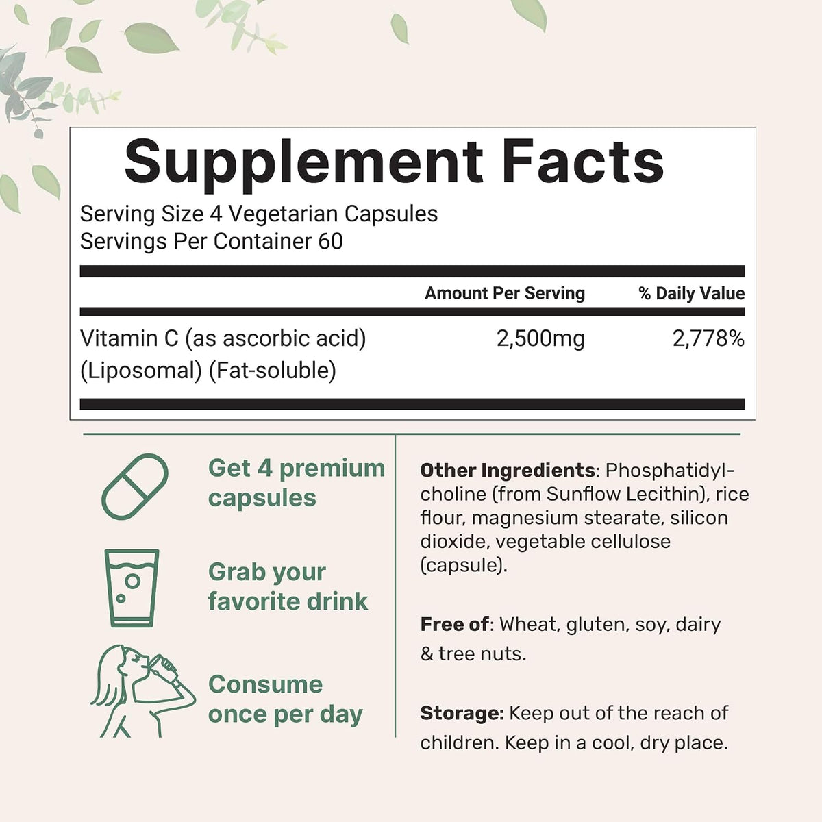 Micro Ingredients Liposomal Vitamin C supplement bottle back label displaying ingredient panel and directions