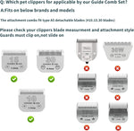 Dodaer pet clipper attachment combs displayed inside their translucent gray plastic organizing case.