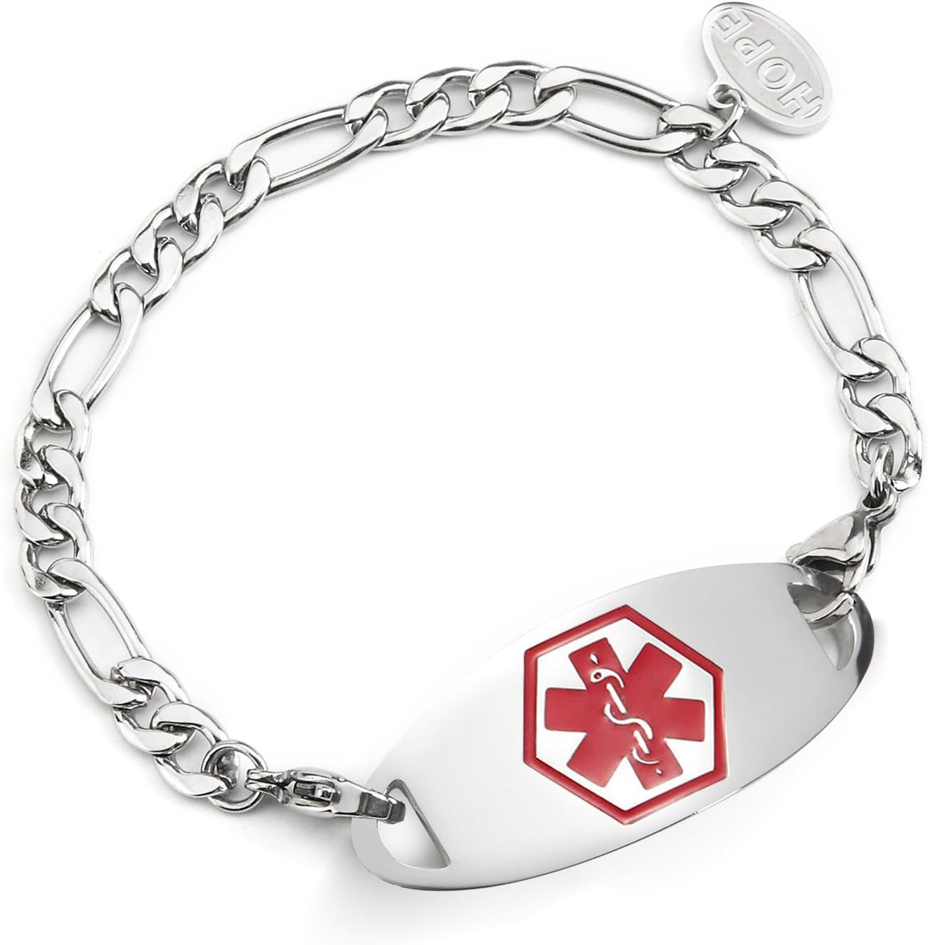 BAIYI HOPE Medical Alert Bracelet front view showcasing the red emergency identification symbol on a premium Figaro chain.